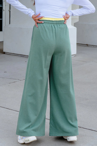 Color Block Flower Patchwork Drawstring Contrasted Elastic Waist Wide Leg Pants