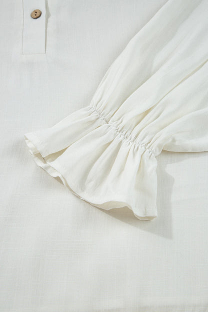 White Ruffle Elastic Cuffs Puffy Long Sleeve Button Down Shirt