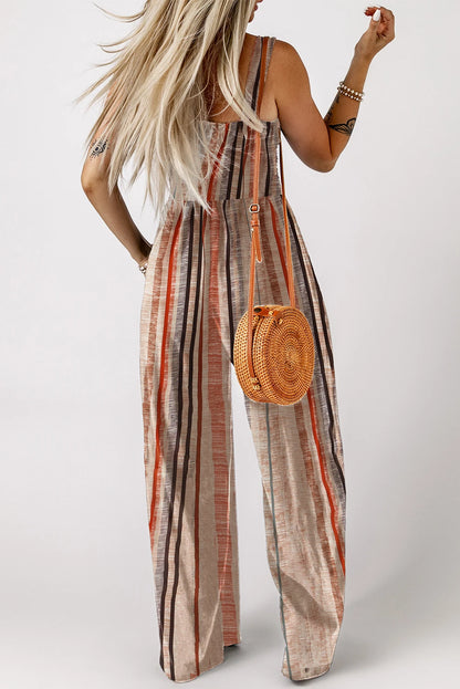 Yellow Stripe Square Neck Sleeveless Smocked Bodice Wide Leg Jumpsuit