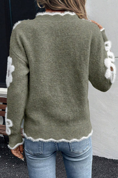 Plush Flower Pattern Scalloped Trim V Neck Sweater