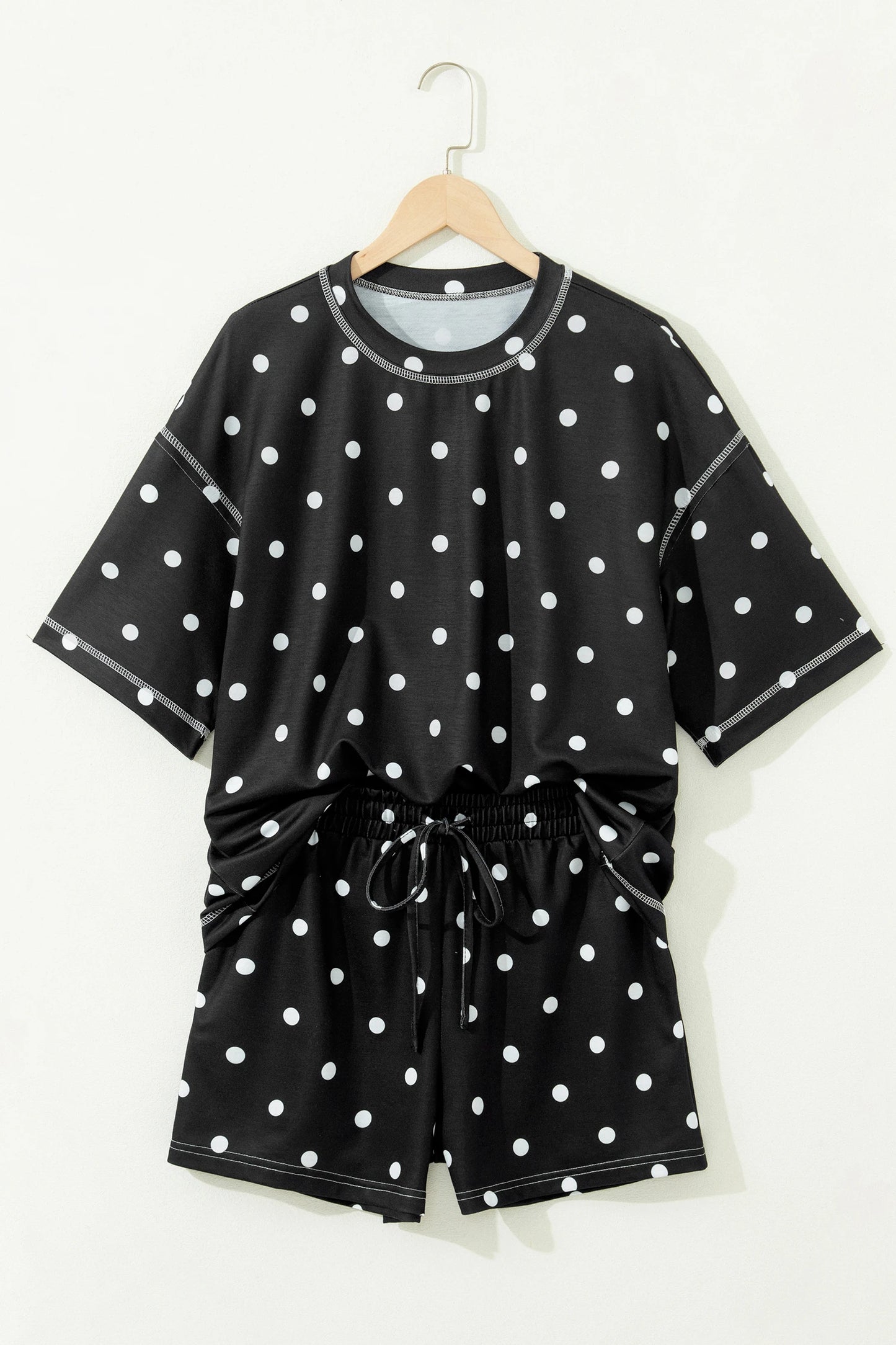 Polka Dot Short Sleeve Loose Top Drawstring Shorts Set