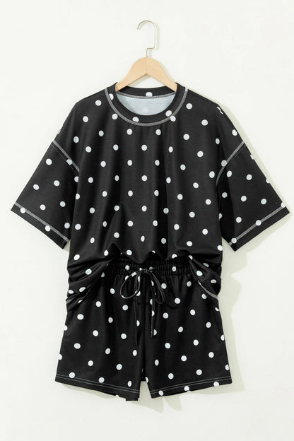 Polka Dot Short Sleeve Loose Top Drawstring Shorts Set