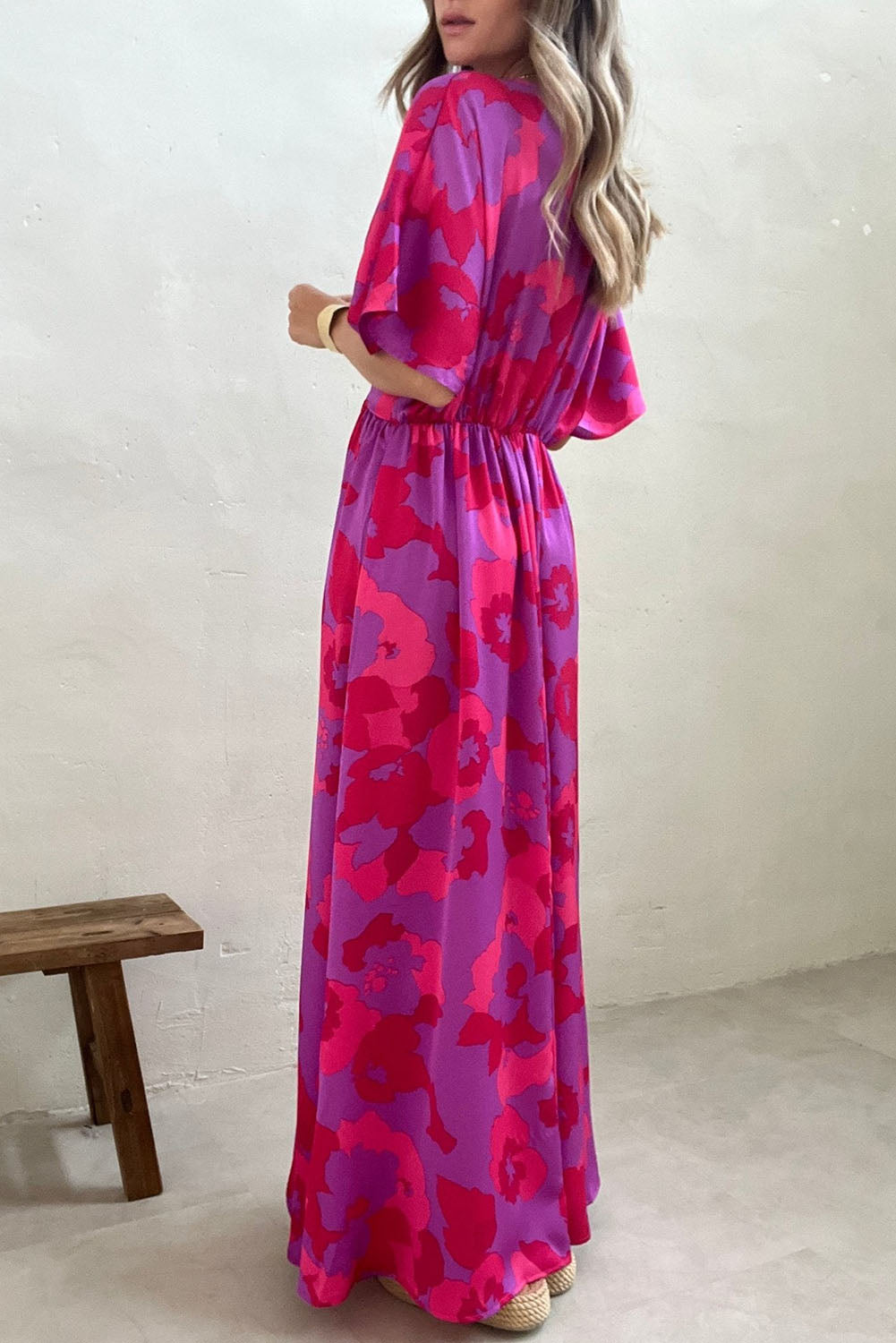 Rose Abstract Floral Print V Neck Dolman Maxi Dress