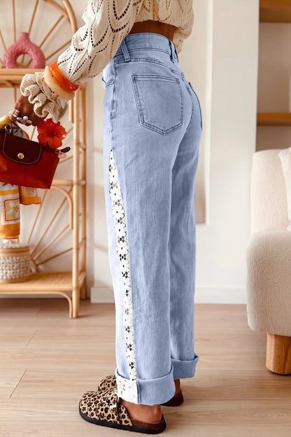 Beau Blue Hollowed Lace Patchwork Full-Length Jeans