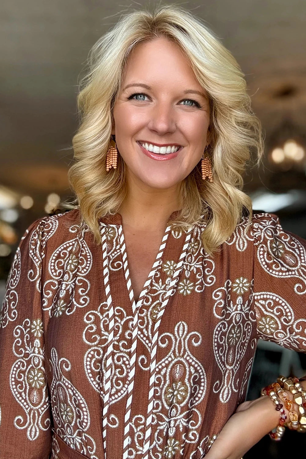 Brown Floral Print Belted Striped Trim Tiered Maxi Dress