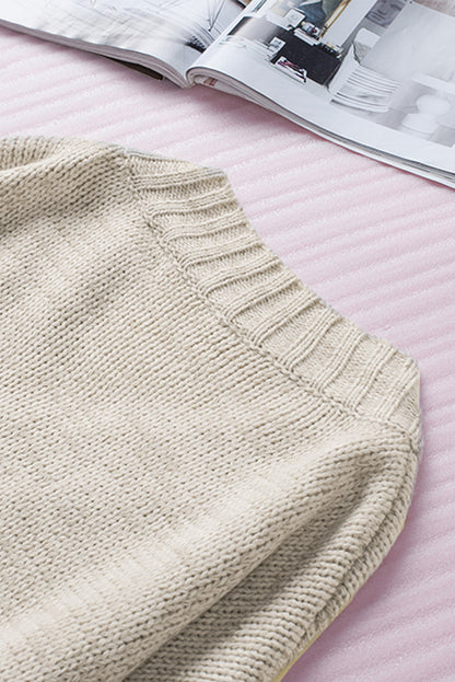 Khaki V neck Drop Shoulder Knitted Sweater