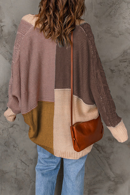 Brown Color Block Loose Open Front Knitted Cardigan