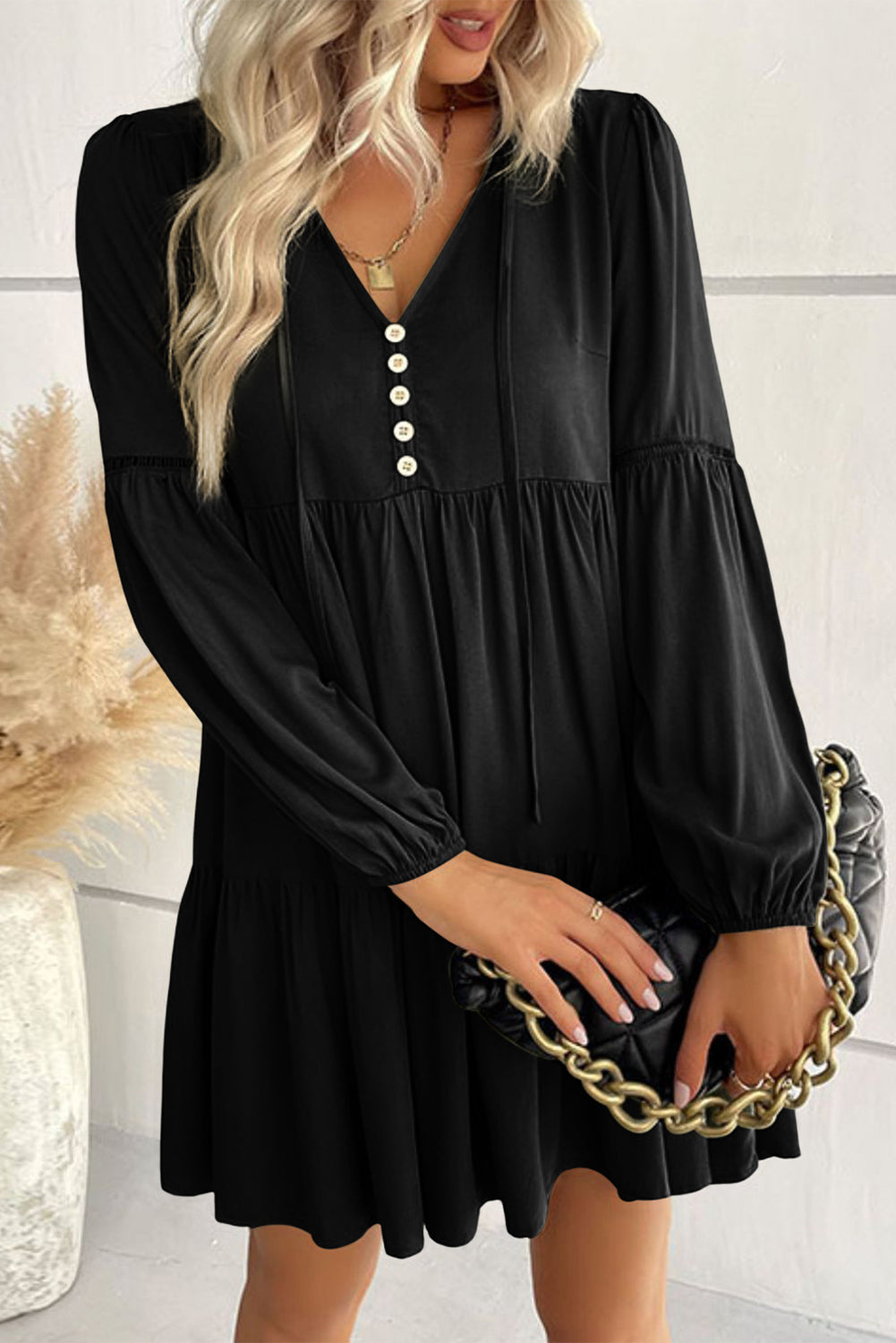 Lace Puff Sleeve Buttoned Tiered Ruffled Mini Dress