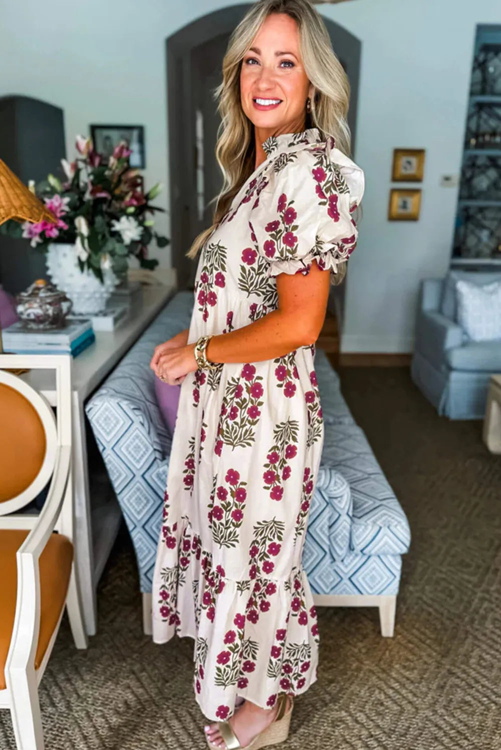 Beige Floral Short Bubble Sleeve Tiered Maxi Dress