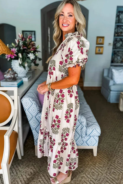 Beige Floral Short Bubble Sleeve Tiered Maxi Dress