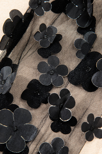 Black Flower Applique Mesh Long Sleeve V Neck Blouse