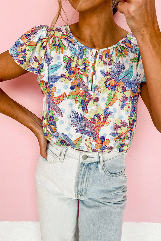 Sky Blue Floral Buttoned Round Neck Ruffled Sleeve Blouse