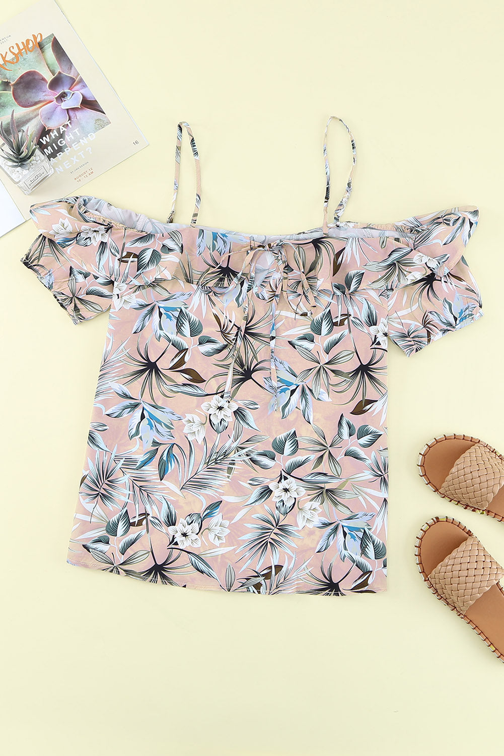 Floral Print Spaghetti Strap Ruffled Lace-up Short Sleeve T-shirt