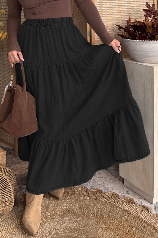 Elastic Waist Ruffled Tiered Flared Denim Maxi Skirt