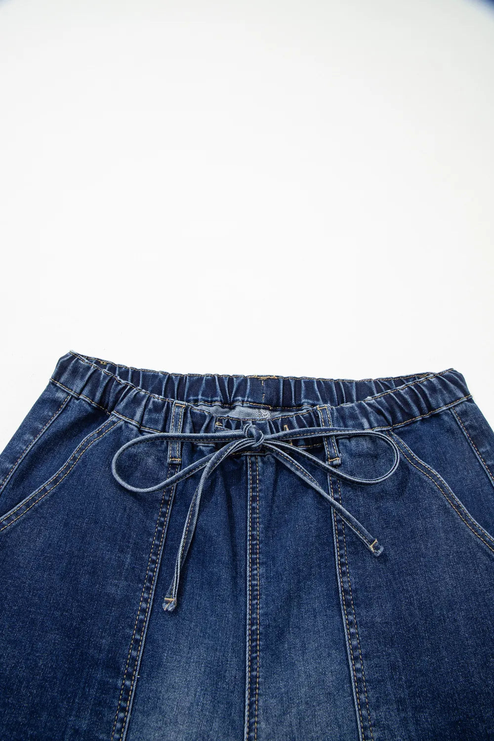 Prussian Blue Drawstring Seam Detail Raw Hem Wide Leg Denim Pants