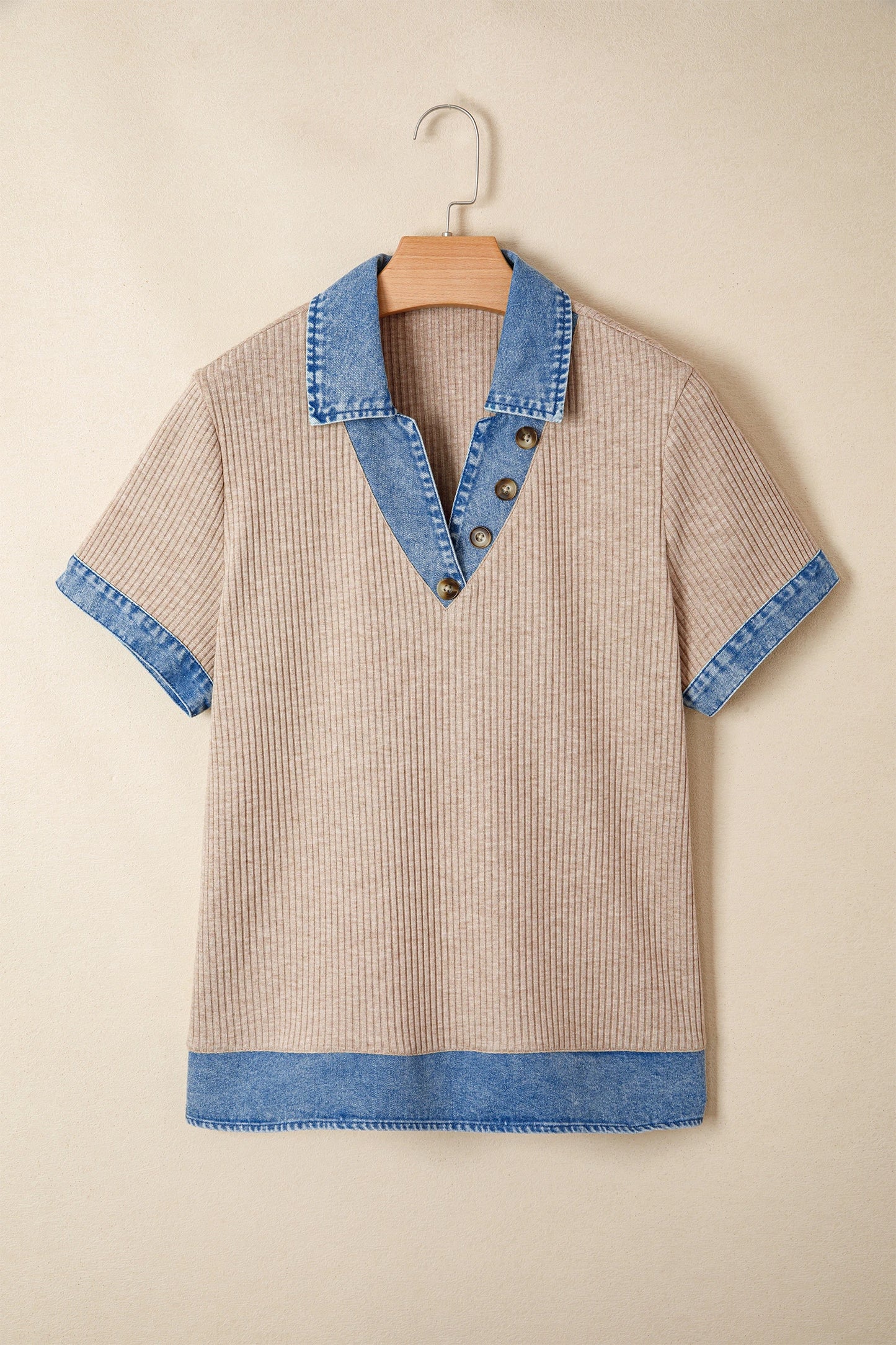 Beige Ribbed Knit Denim Color Block Patchwork Button Detail Collared Blouse