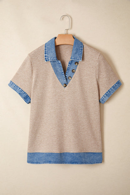 Beige Ribbed Knit Denim Color Block Patchwork Button Detail Collared Blouse