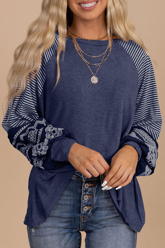 Contrast Print Striped Raglan Long Sleeve Loose Top