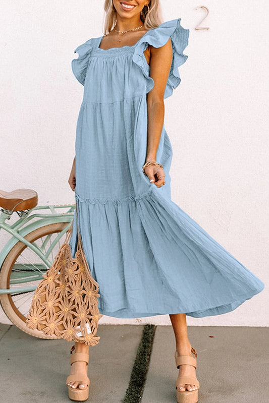 Ruffled Flutter Sleeve Square Neck Textured Tiered Maxi Dress