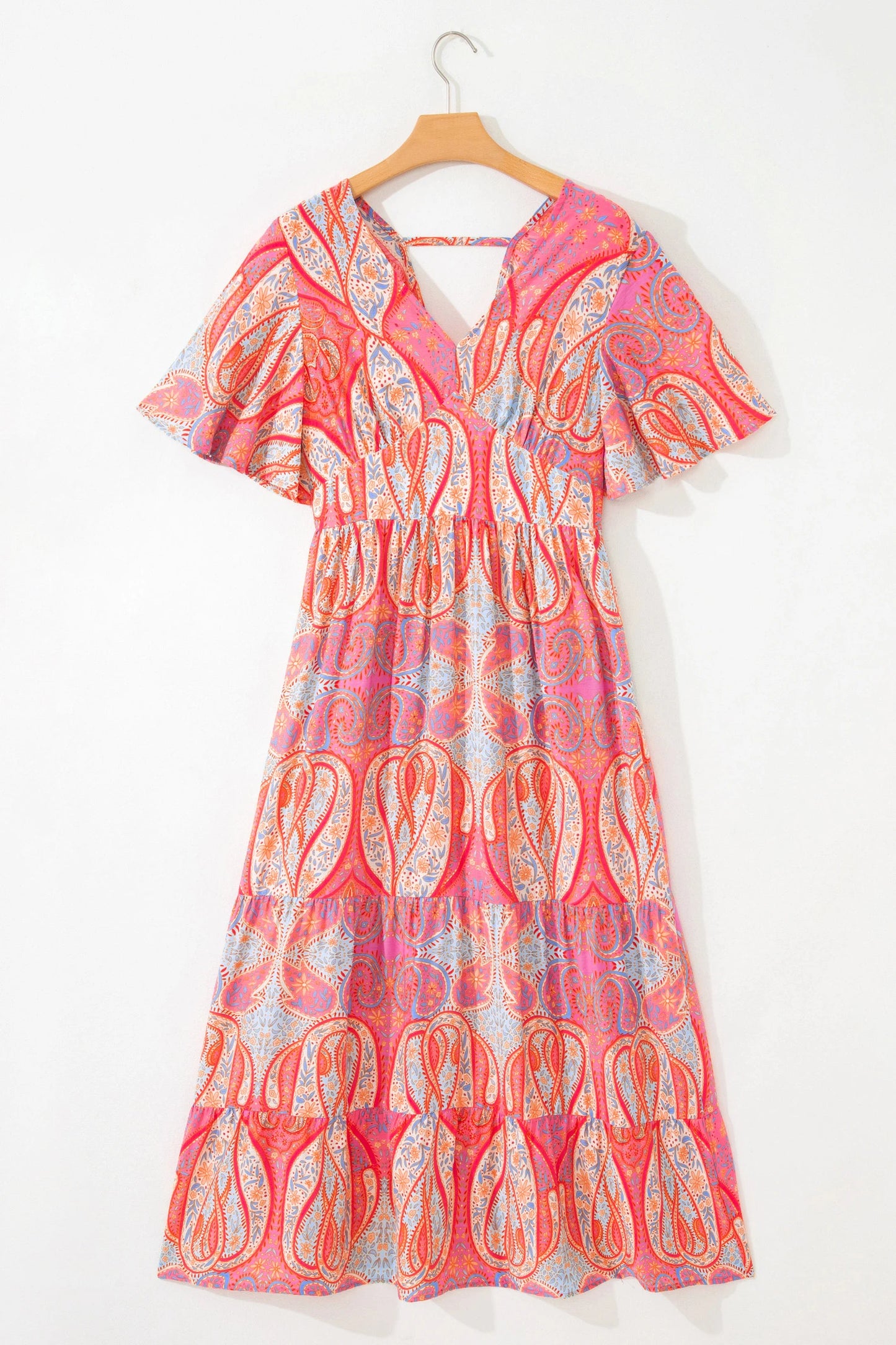 Multicolour Paisley Print V-Neck Short Sleeve Boho Maxi Dress with Ruffle Details
