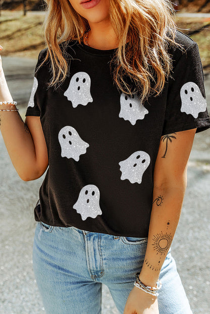 Black Glitter Ghost Pattern Crew Neck T Shirt