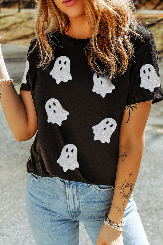 Black Glitter Ghost Pattern Crew Neck T Shirt