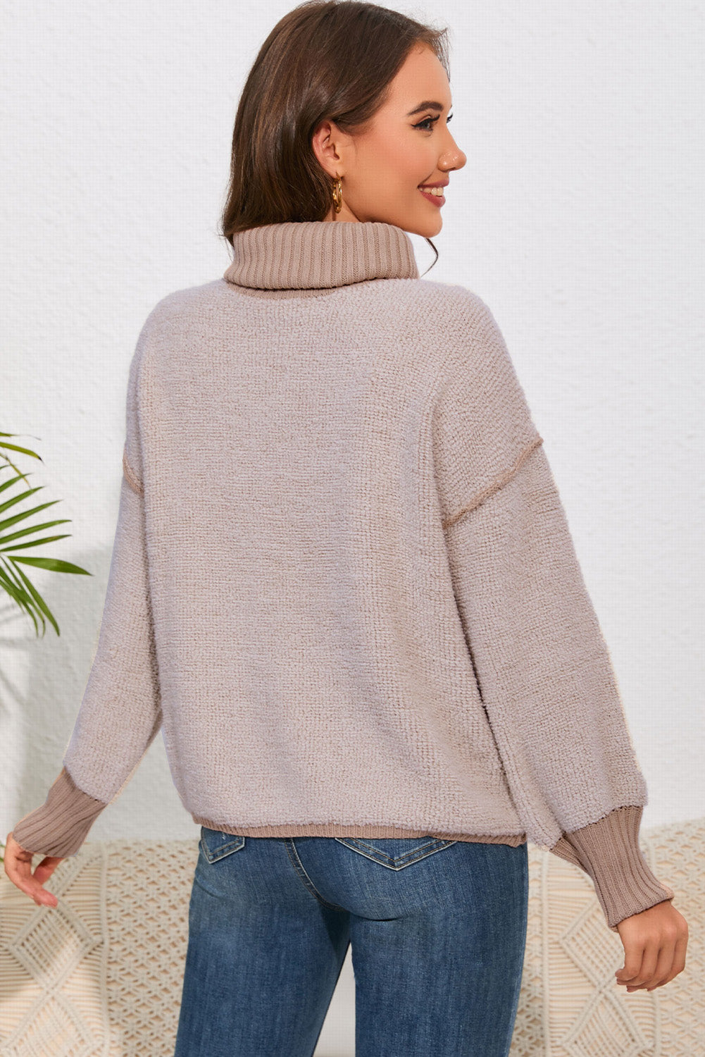Khaki Contrast Ribbed Turtleneck Sweater