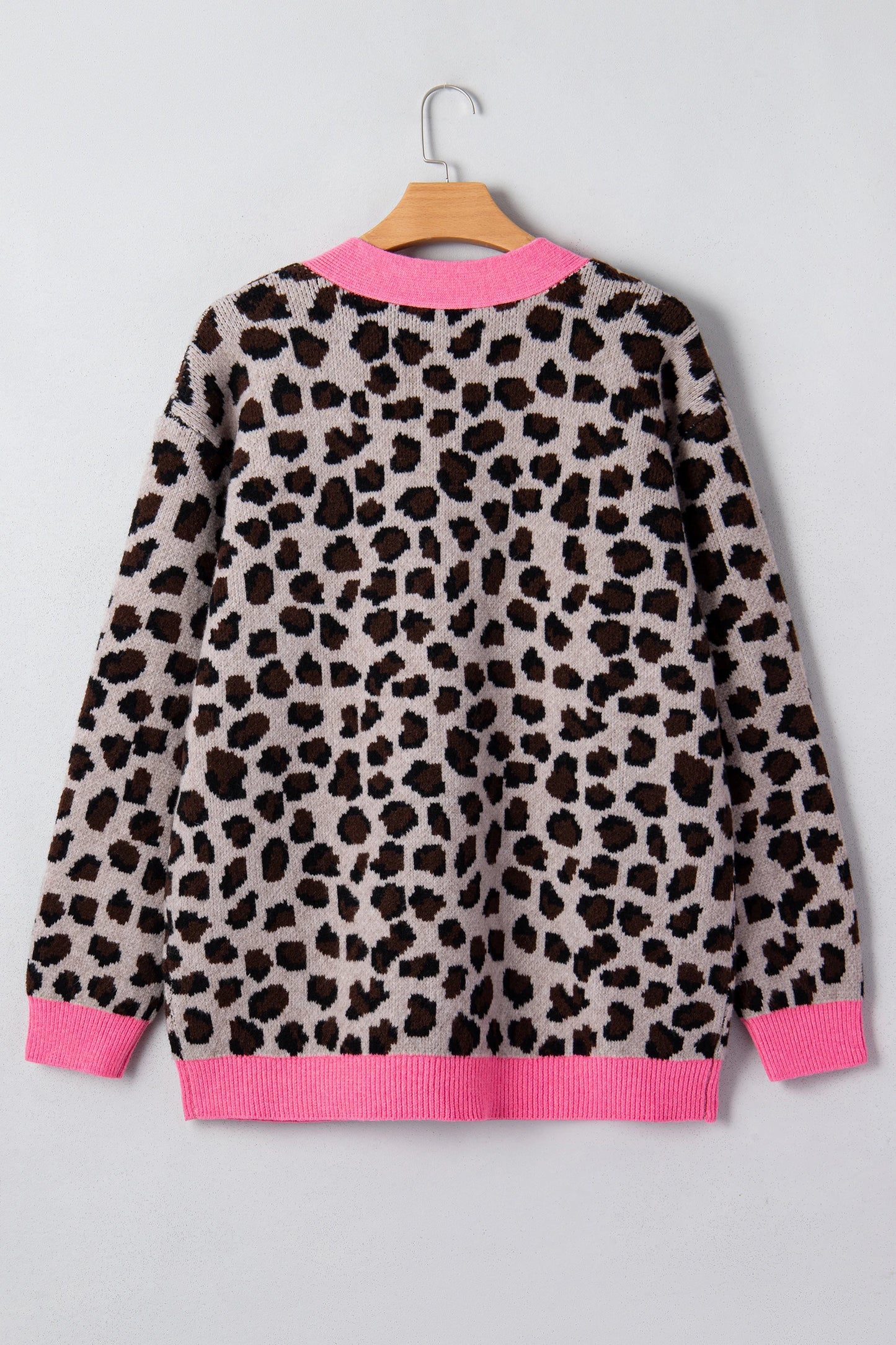 Khaki Oversize Color Block Trim Button Down Leopard Print Cardigan