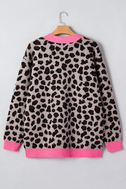 Khaki Oversize Color Block Trim Button Down Leopard Print Cardigan
