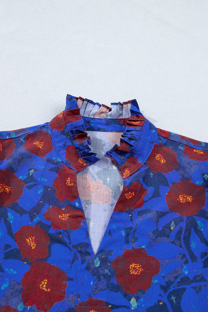 Blue Ruffled Short Balloon Sleeve Frilled V Neck Floral Blouse