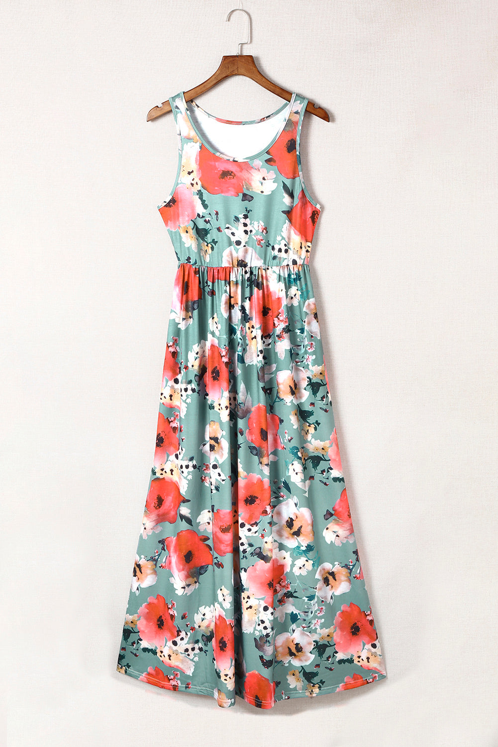 Sky Blue Boho Print Sleeveless High Waist Long Floral Dress