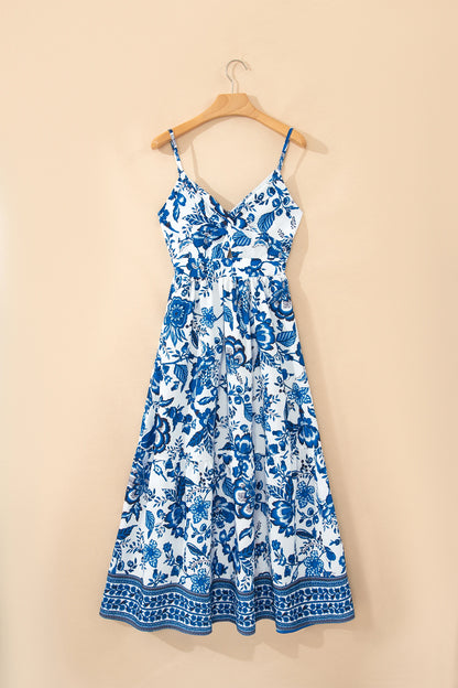 Sky Blue Twisted Bust Spaghetti Straps Backless Floral Maxi Dress