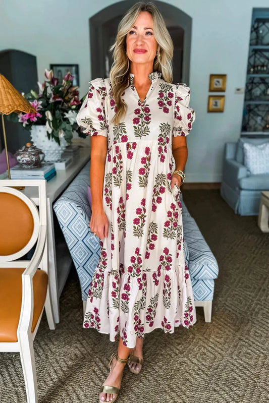 Beige Floral Short Bubble Sleeve Tiered Maxi Dress