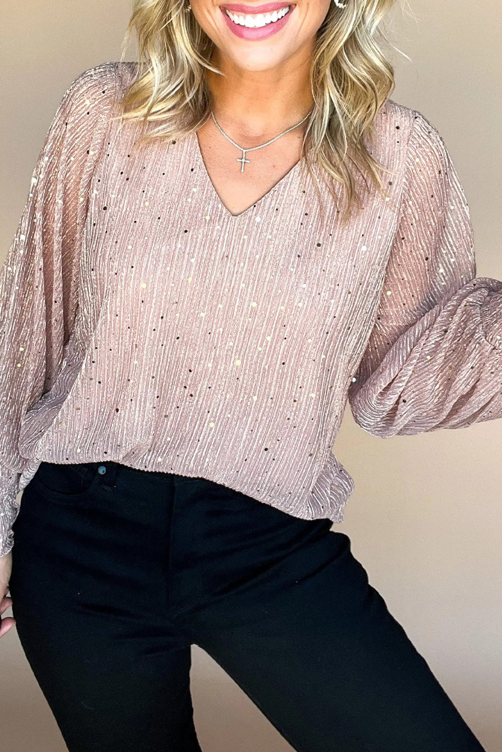 Light Pink V Neck Sequin Plisse Long Sleeve Blouse