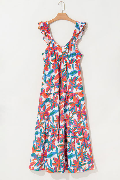 Red Boho Floral Ruffled Strap V Neck Maxi Dress