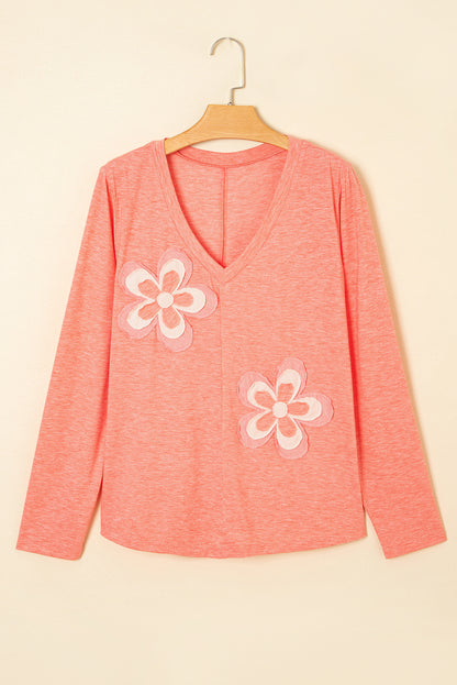 Salmon Floral Patchwork V Neck Long Sleeve T Shirt