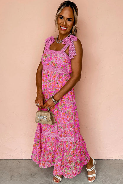 Rose Floral Lace Tied Strap Empire Waist Maxi Dress