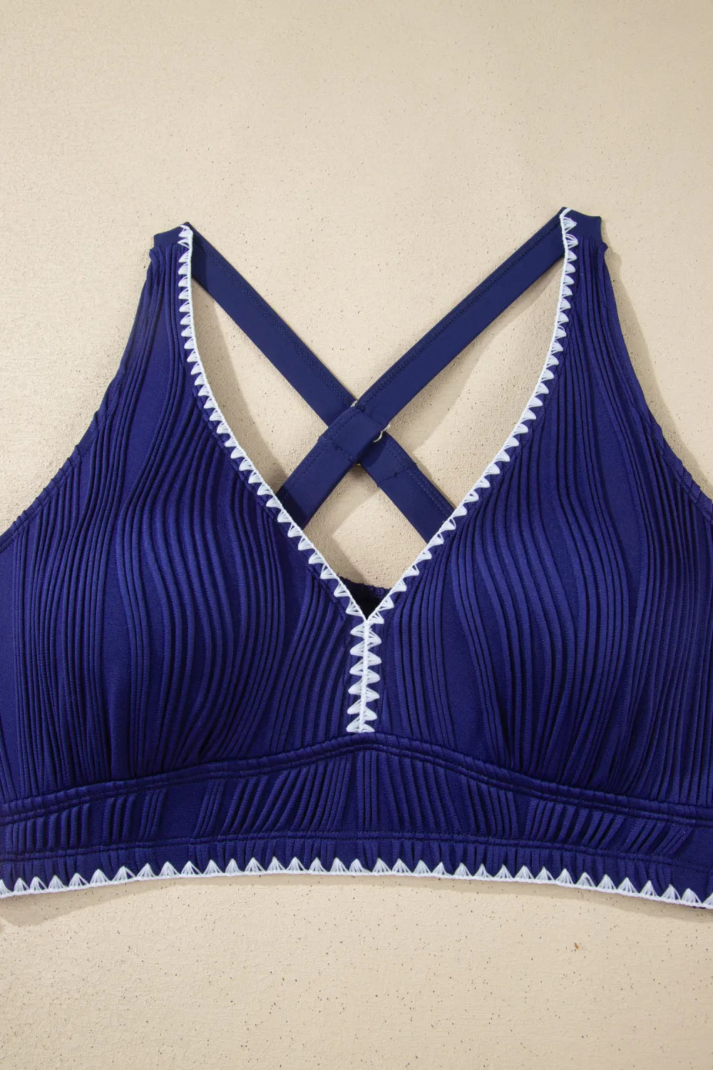 Navy Blue Shell Stitched Trim V Neck Textured Mix and Match High Waist Bikinis