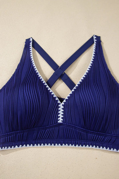 Navy Blue Shell Stitched Trim V Neck Textured Mix and Match High Waist Bikinis