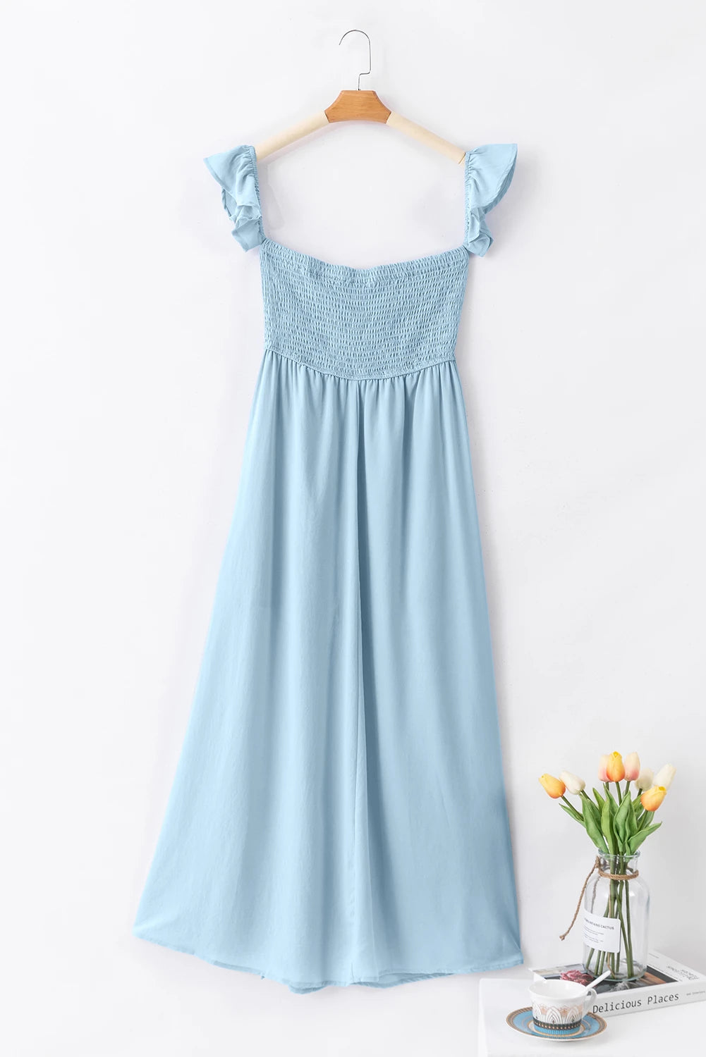 Sky Blue Off Shoulder Ruched Bust Sheer Slit Maxi Dress