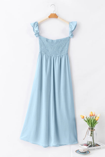 Sky Blue Off Shoulder Ruched Bust Sheer Slit Maxi Dress