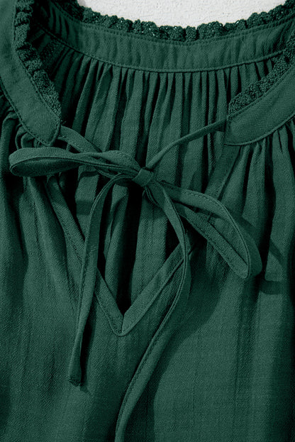 Green Bay Eyelet Embroidered Sleeve Tie V Neck Blouse