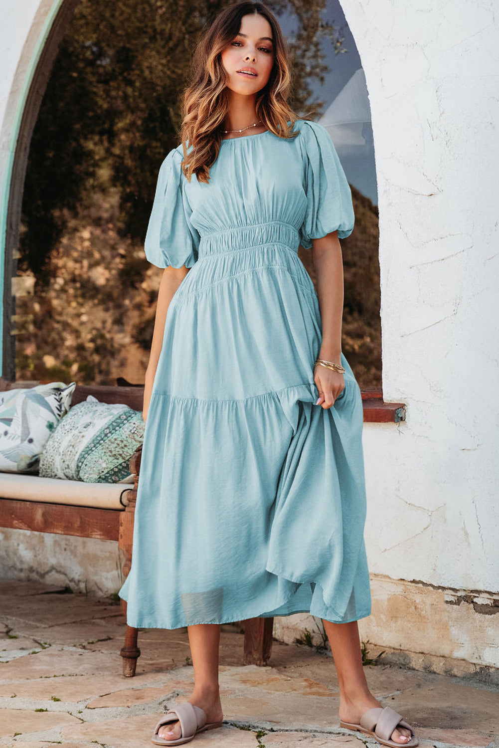 Light Blue Puff Sleeve Pleated High Waist Flowy Long Dress