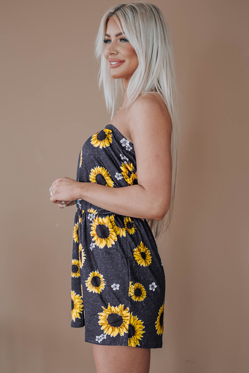 Yellow Floral Print Bandeau Romper with Pockets
