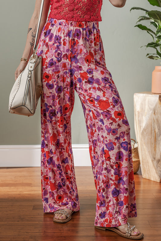 Purple Floral Wide Leg Elastic High Waist Pants