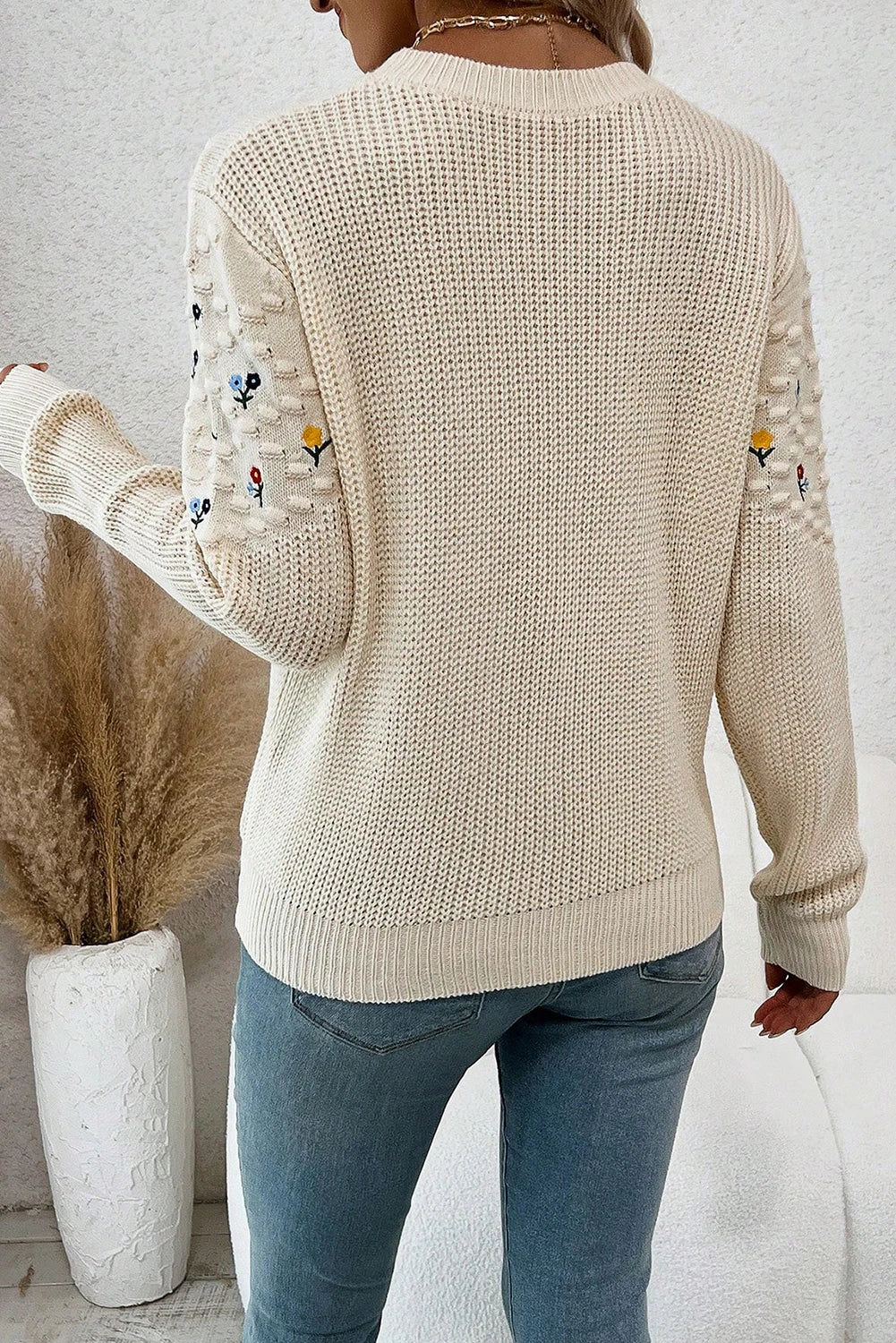 Jet Stream Mixed Texture Knit Flower Embroidered Detail Casual Sweater