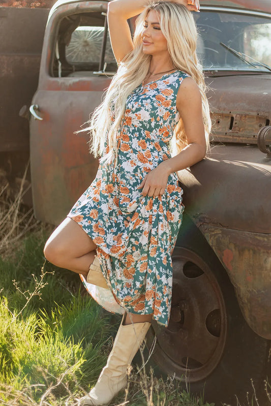 Green Floral Print Trimmed V Neck Tie Waist Sleeveless Holiday Long Dress