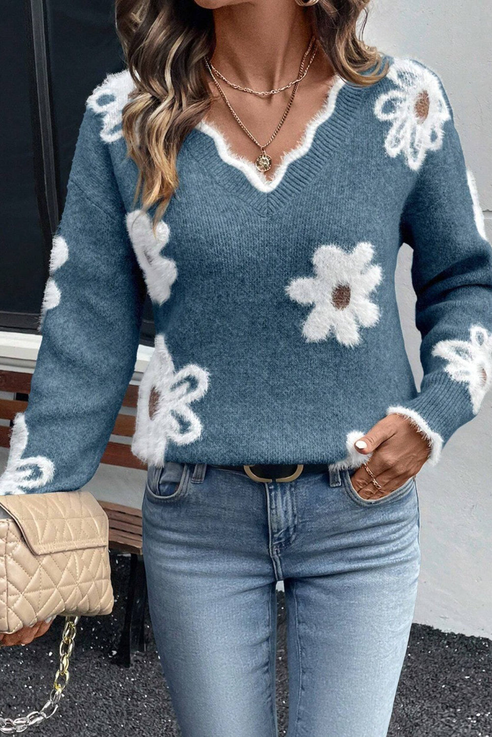Plush Flower Pattern Scalloped Trim V Neck Sweater