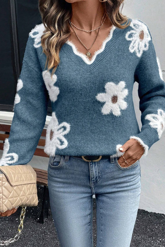 Plush Flower Pattern Scalloped Trim V Neck Sweater