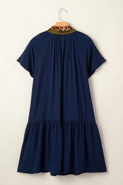 Navy Blue Button Detail Leopard Metallic Trim Short Sleeve Tunic Dress
